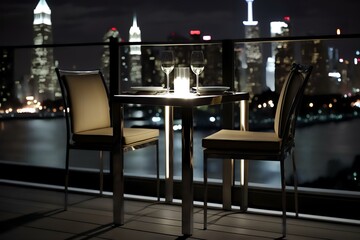 glass top square table with metal chairs, set on a balcony with a city skyline and some lanterns (AI Generated)