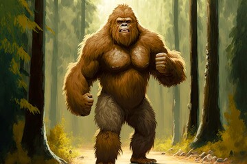 a stern shaggy bigfoot stands on path clenching his fists, created with generative ai - obrazy, fototapety, plakaty
