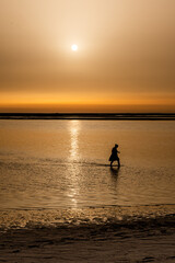 silhouette of woman walking on the beach during sunset. vertical photograph with copy space.