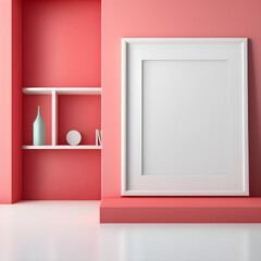 Blank White Picture Frame on Pastel Red Wall, Minimalist Interior, created using Generative AI