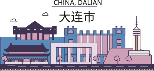 China, Dalian tourism landmarks, vector city travel illustration - obrazy, fototapety, plakaty