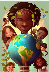 Naklejka premium children with globe illustration Generative AI