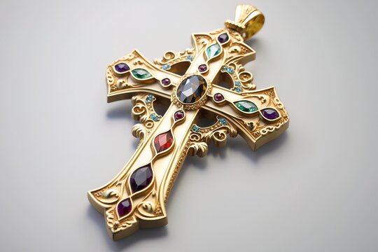 Close up of golden cross with gems on a white background, Generative AI