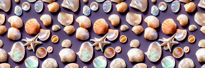 Realistic seamless pattern with mother of pearl seashells. Background for poster, greeting cards, headers, baner, website. digital ai art