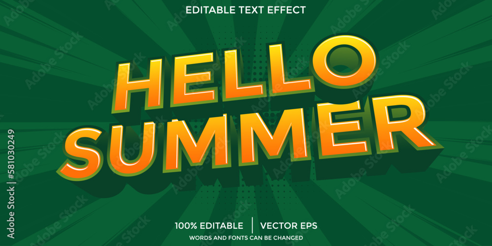 Poster vector hello summer text in white and green with 3d embossed effect. editable text effect