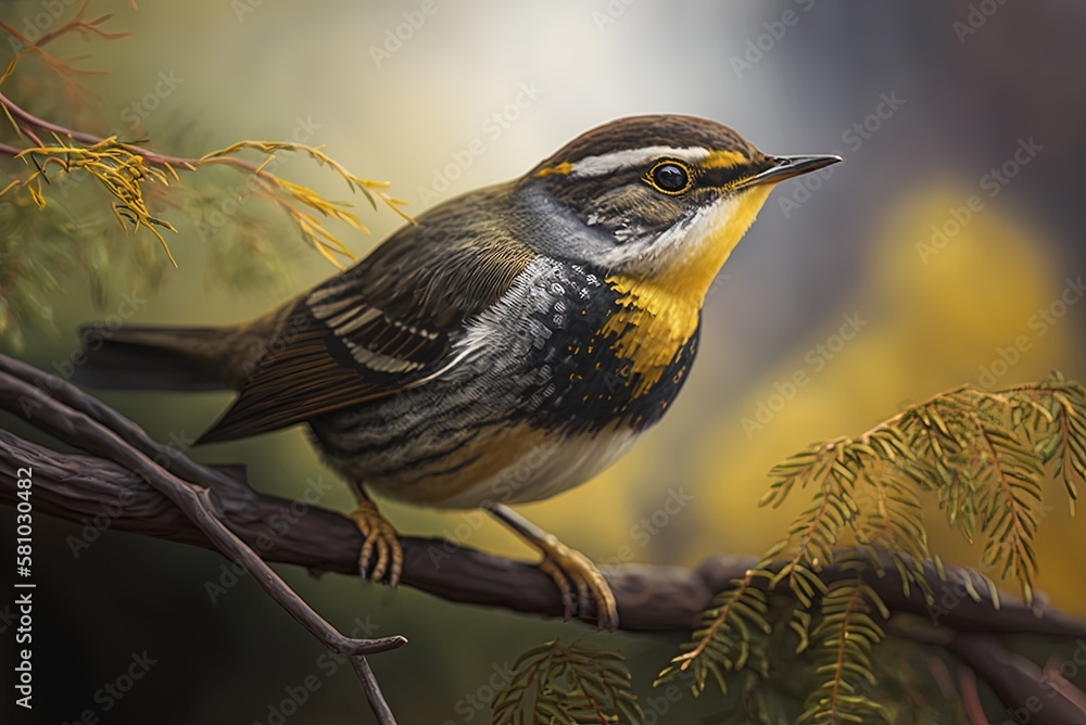 Poster Image of a warbler up up and personal, perched on a branch in broad daylight Generative AI