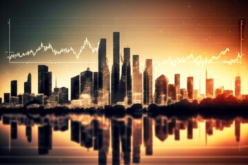 Fototapeta na wymiar forex chart on cityscape with skyscrs wallpaper double exposure, business financial research concept, created with generative ai