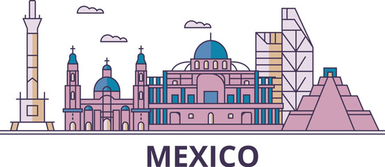 Mexico, Mexico City tourism landmarks, vector city travel illustration