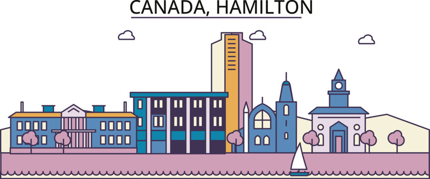 Canada, Hamilton tourism landmarks, vector city travel illustration