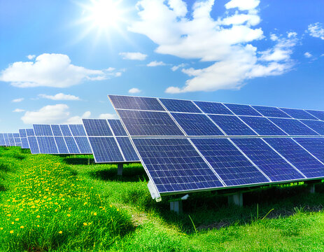 Rows of solar panels installed in green grass field blue sky bright sunlight. Renewable energy sustainable living environment concept