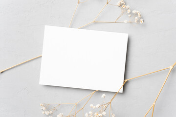 Blank flyer, invitation or greeting card mockup with dry gypsophila flowers