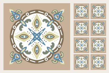 Set of patterned azulejo floor tiles. Abstract geometric background. Vector illustration, seamless mediterranean pattern. Portuguese floor tiles azulejo design. Floor cement talavera tiles collection