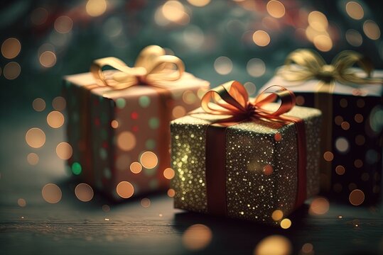 Bokeh-filled close-up of Christmas present boxes Generative AI