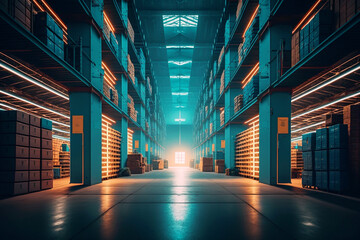 Plakat Large industrial warehouse with shelves full of goods - AI generative