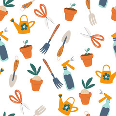 Gardening tools seamless pattern. Perfect for fabric, wallpaper, scrapbboking, textile, baby and children products. Vector cute hand drawn print illustration ated on the white background.