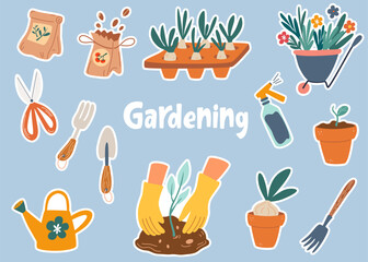 Gardening tools stickers. Wheelbarrow with flowers, sprouts, watering can, seedlings, gardening tools collection. Vector cartoon illustration isolated on the white background. 