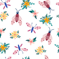 Butterflies and flowers seamless pattern. Botanical, Insects background. Hand drawn Floral texture for fabric, textile, digital papers. Vector cartoon illustration