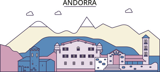 Andorra tourism landmarks, vector city travel illustration - obrazy, fototapety, plakaty