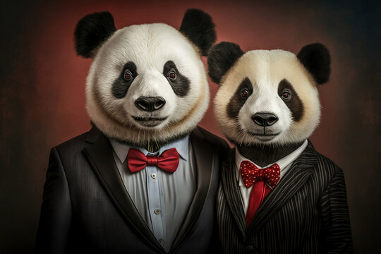 Bamboo Business Tycoons: Panda Couple in Sharp Business Attire, Creative stock image of animal couple in business suit. Generative AI