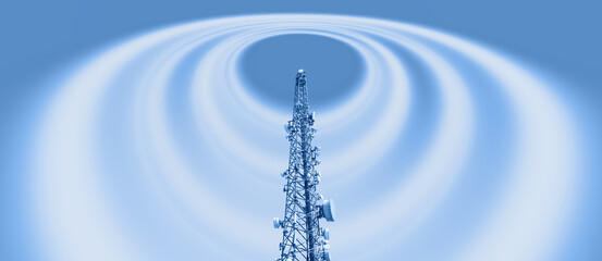 Antenna tower of telecommunication and Phone base station with TV and wireless internet antennas  - obrazy, fototapety, plakaty