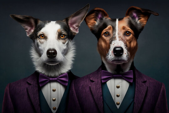 From Fetch to Finance: Dog Couple Ready to Take on the Business World, Creative stock image of animal couple in business suit. Generative AI
