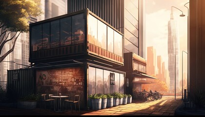 concept of sustainability and recycle , container box remake as restaurant, office or house or hotel, landscape of urban cityscape as background, Generative Ai