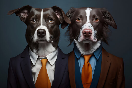 Professional: A Pair of Canine Entrepreneurs in Sharp Suits, Creative stock image of animal couple in business suit. Generative AI