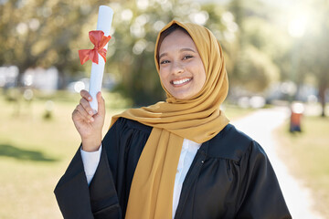 College graduation portrait of muslim woman with education certificate, learning success and university achievement. Islamic student or young hijab person and study diploma at campus, park or outdoor