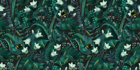 Floral summer seamless pattern with wildflowers, white bellflowers and bumblebees. Botanical wallpaper, illustrated meadow, dark green background for fabric design, wallpapers, paper, dresses.