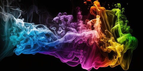 Colorful smoke on isolated black background with misty fog effect texture overlays for text or space, Generative AI