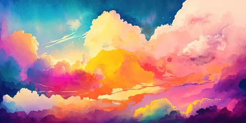 Wall murals orange glow A bright sunset sky with colorful watercolor background and puffy clouds in rainbow colors, Generative AI