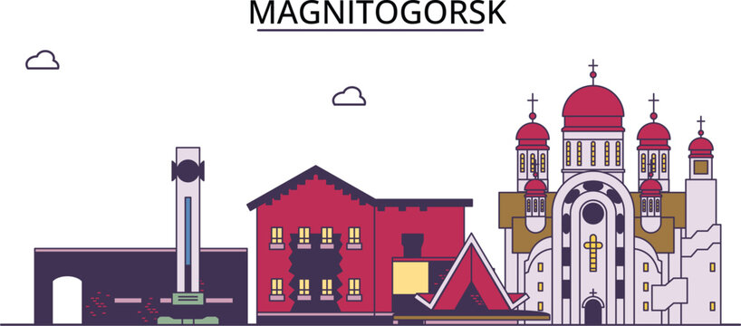 Russia, Magnitogorsk tourism landmarks, vector city travel illustration