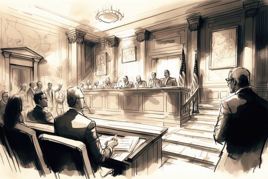 Court session in USA, sketch of trial. Generative AI
