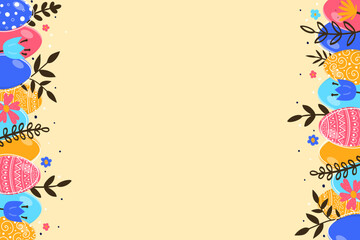 Colourful background with painted eggs and flowers. Minimalist Easter design.  Vector illustration