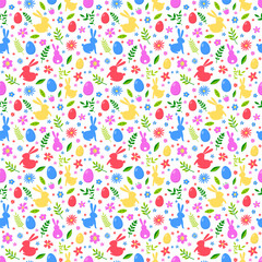 Easter pattern with bunnies, eggs and flowers. Vector illustration