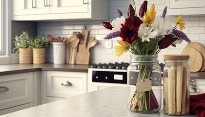 colorful flower bouquet on cooking table idea for home and room decor for happiness, relaxation and good mood atmosphere, generative Ai
