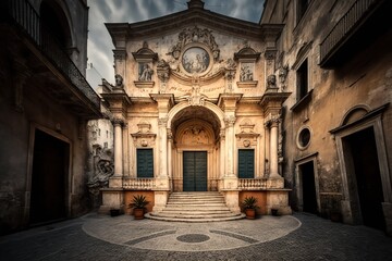 Fototapeta na wymiar Matera, Italy - 15.02.19: Entrance of baroque styled Chiesa di Santa Chiara, dated C 16th, located next to the National Archaeological Museum 