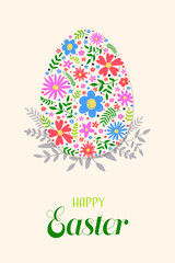 Easter greeting card. Concept of Easter egg with flowers. Vector illustration