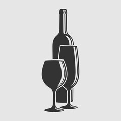 Wine bottle with wine glasses isolated on white background. Vector illustration