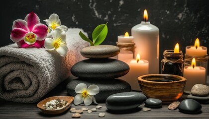spa and wellness background wallpaper, flowers, stone and candles, Generative Ai
