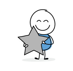 Hand drawn star symbol. Funny concept with a stickman holding icon. Cartoon style design. Vector illustration