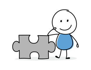 Hand drawn piece of puzzle symbol. Funny concept with a stickman holding icon. Cartoon style design. Vector illustration