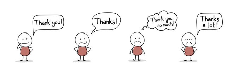Unhappy stickman with text - thank you, thanks. Vector