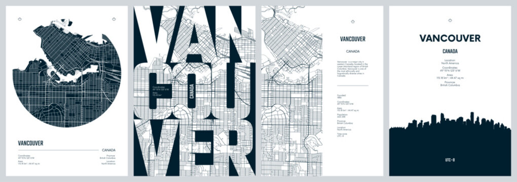 Set of travel posters with Vancouver, detailed urban street plan city map, Silhouette city skyline, vector artwork