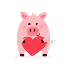 Cute cartoon pig with heart on a white background. Design of a funny animal character. Vector illustration