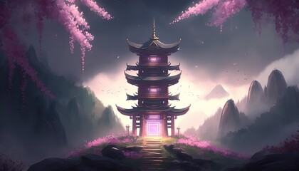  beautiful scenery in night time of Asian ancient palace in spring time with cherry blossom tree and mountain as background Generative Ai