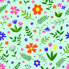 Floral seamless pattern. Spring background with blowing flowers and leaves. Vector illustration