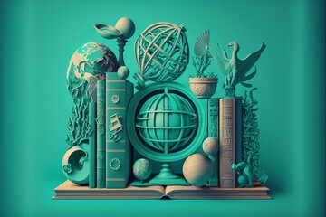 Turquoise green books. Training, green, realistic. Illustration. AI.
