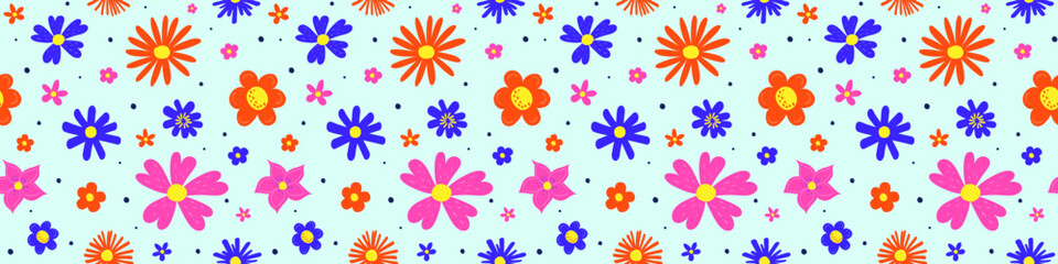 Fototapeta na wymiar Floral texture. Spring background with colourful blowing flowers. Banner. Vector illustration