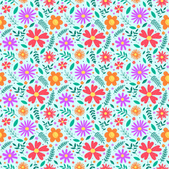 Floral texture. Spring background with colourful blowing flowers and leaves. Vector illustration